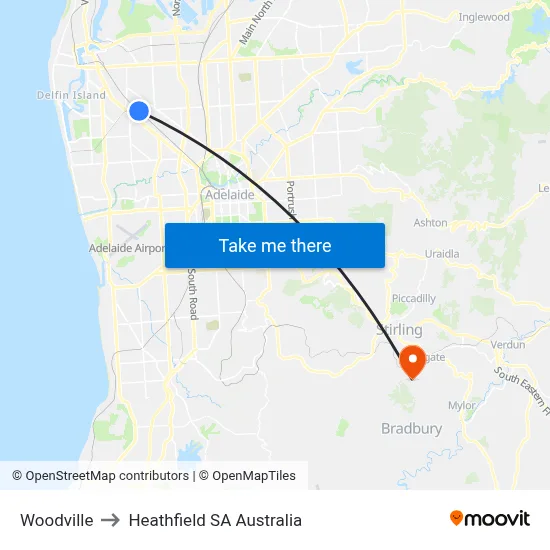 Woodville to Heathfield SA Australia map