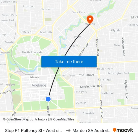 Stop P1 Pulteney St - West side to Marden SA Australia map