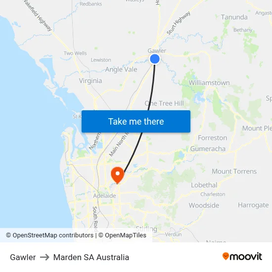 Gawler to Marden SA Australia map