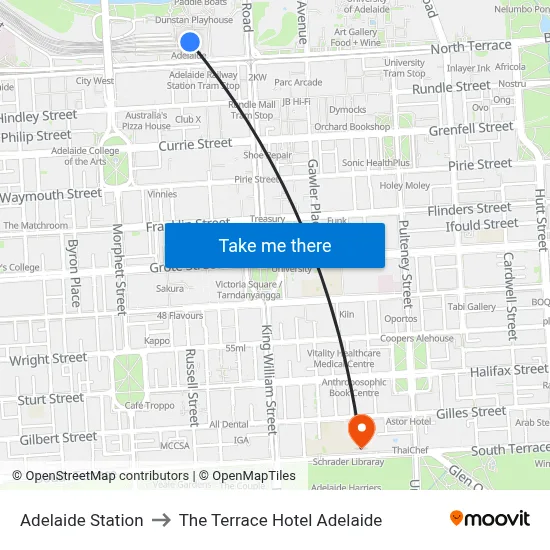 Adelaide Station to The Terrace Hotel Adelaide map
