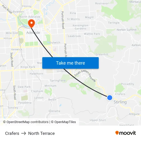 Crafers to North Terrace map