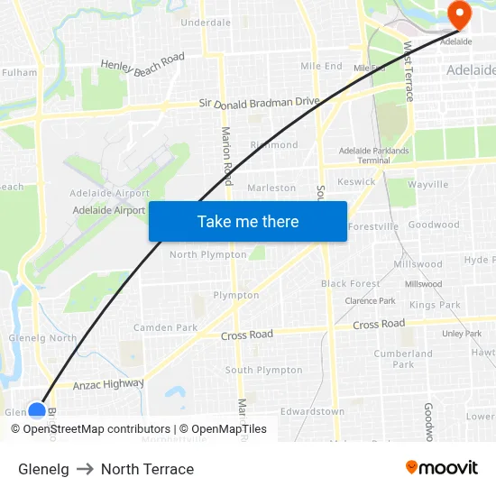 Glenelg to North Terrace map