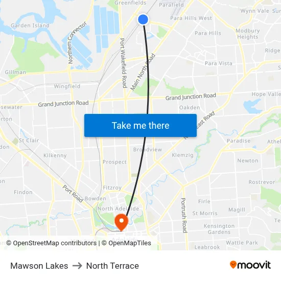 Mawson Lakes to North Terrace map
