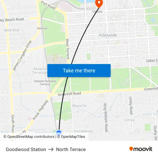 Goodwood Station to North Terrace map
