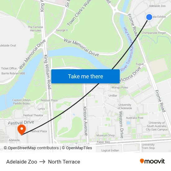 Adelaide Zoo to North Terrace map