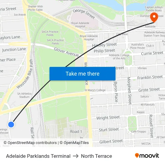 Adelaide Parklands Terminal to North Terrace map