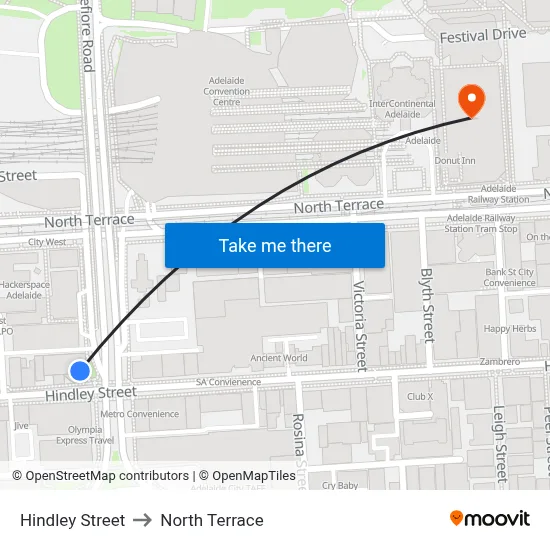 Hindley Street to North Terrace map