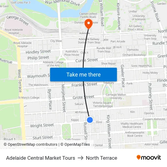 Adelaide Central Market Tours to North Terrace map
