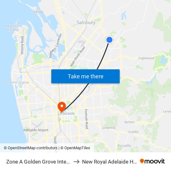 Zone A Golden Grove Interchange to New Royal Adelaide Hospital map