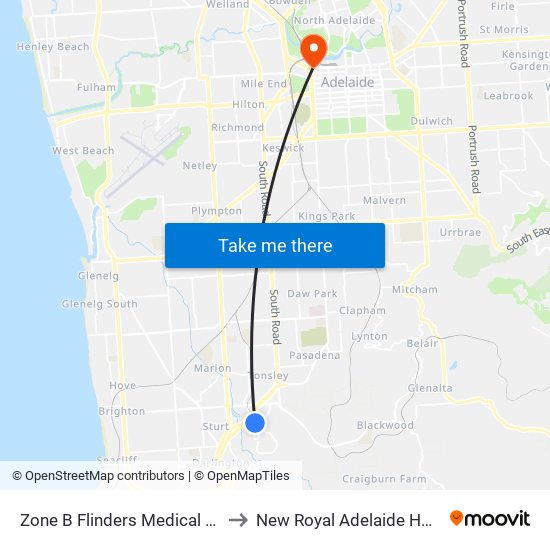 Zone B Flinders Medical Centre to New Royal Adelaide Hospital map