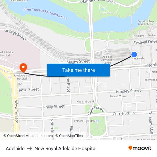 Adelaide to New Royal Adelaide Hospital map