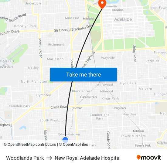 Woodlands Park to New Royal Adelaide Hospital map