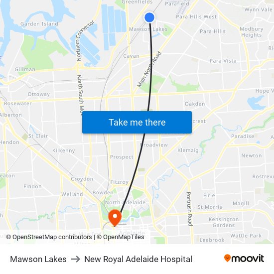 Mawson Lakes to New Royal Adelaide Hospital map