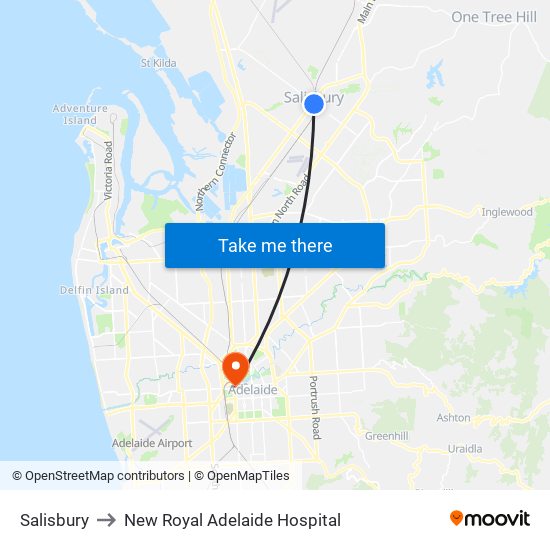 Salisbury to New Royal Adelaide Hospital map