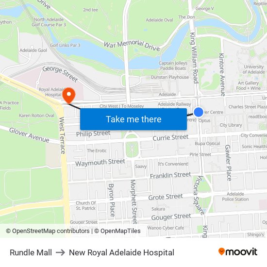 Rundle Mall to New Royal Adelaide Hospital map