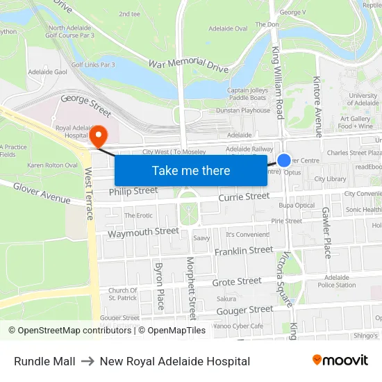 Rundle Mall to New Royal Adelaide Hospital map