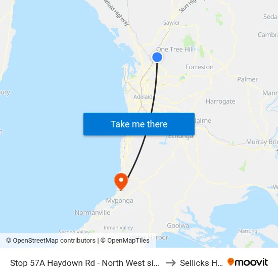 Stop 57A Haydown Rd - North West side to Sellicks Hill map