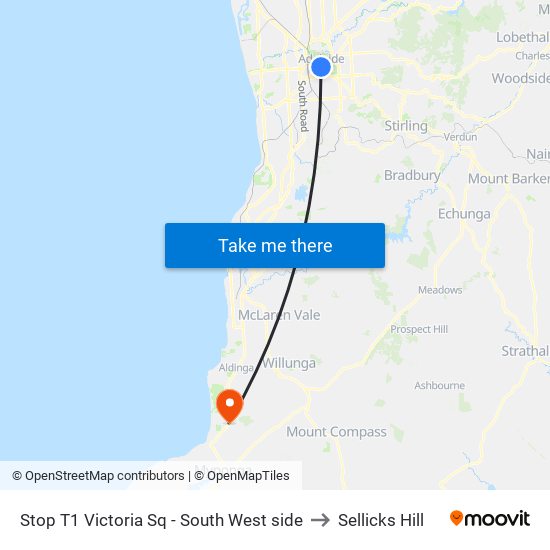 Stop T1 Victoria Sq - South West side to Sellicks Hill map