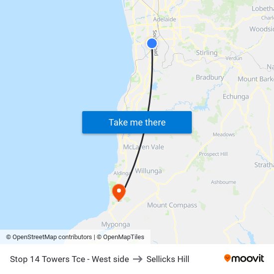 Stop 14 Towers Tce - West side to Sellicks Hill map