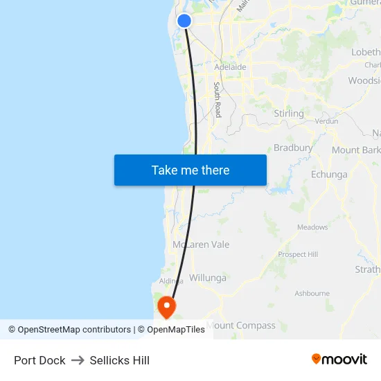 Port Dock to Sellicks Hill map