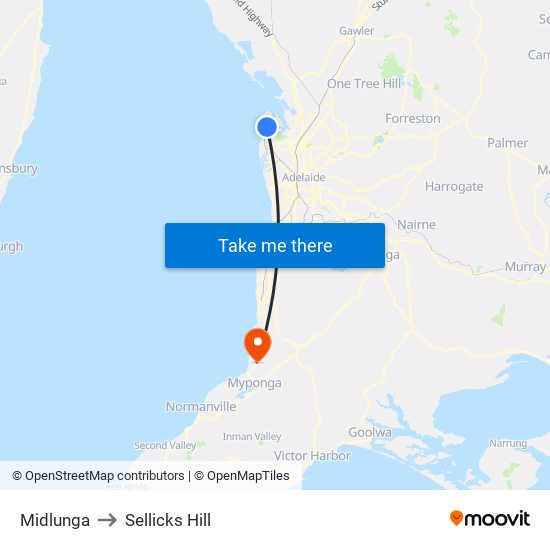 Midlunga to Sellicks Hill map