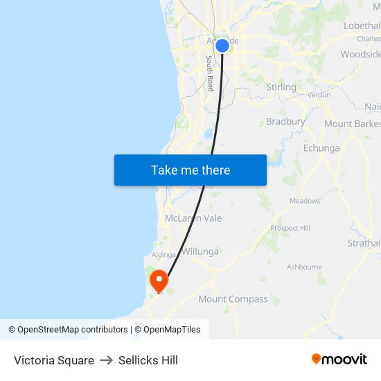 Victoria Square to Sellicks Hill map