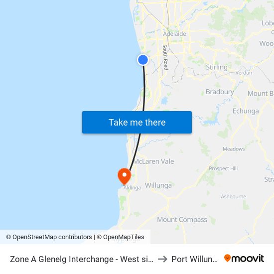 Zone A Glenelg Interchange - West side to Port Willunga map