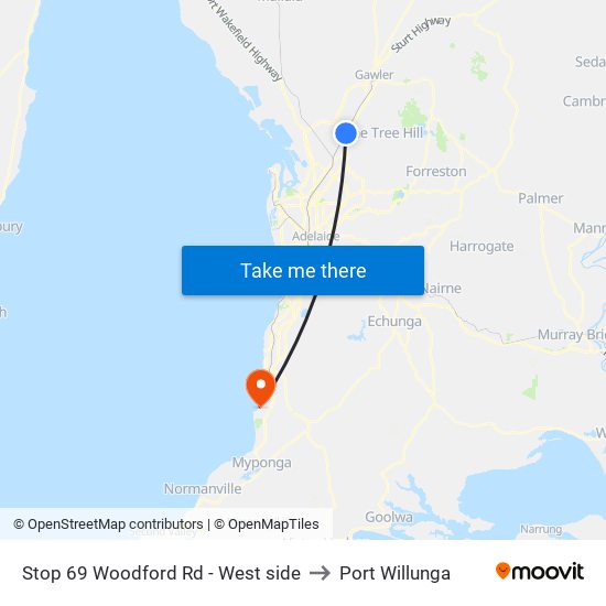 Stop 69 Woodford Rd - West side to Port Willunga map