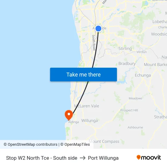 Stop W2 North Tce - South side to Port Willunga map