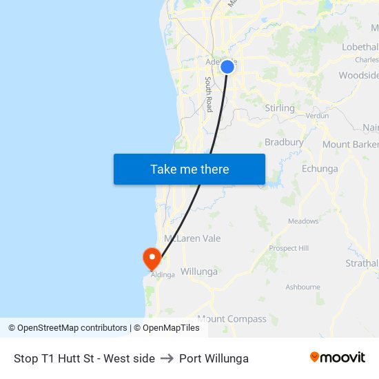 Stop T1 Hutt St - West side to Port Willunga map