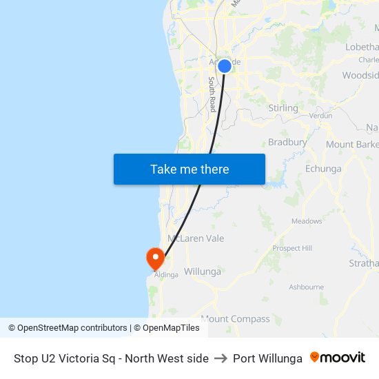 Stop U2 Victoria Sq - North West side to Port Willunga map