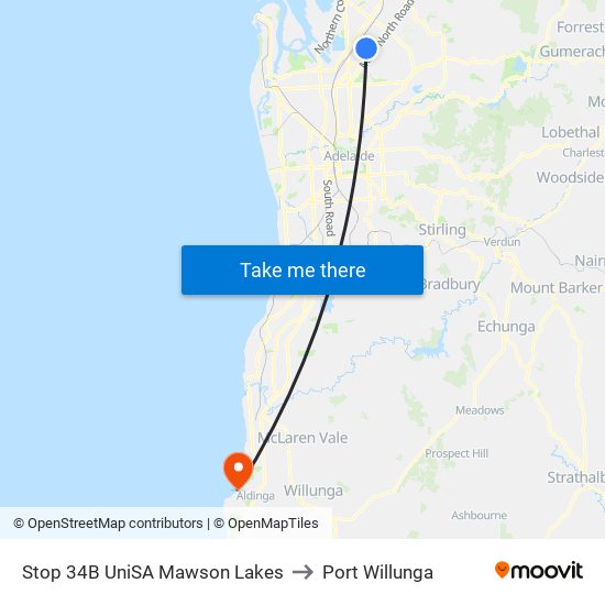 Stop 34B UniSA Mawson Lakes to Port Willunga map