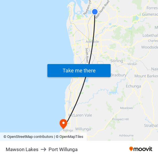 Mawson Lakes to Port Willunga map