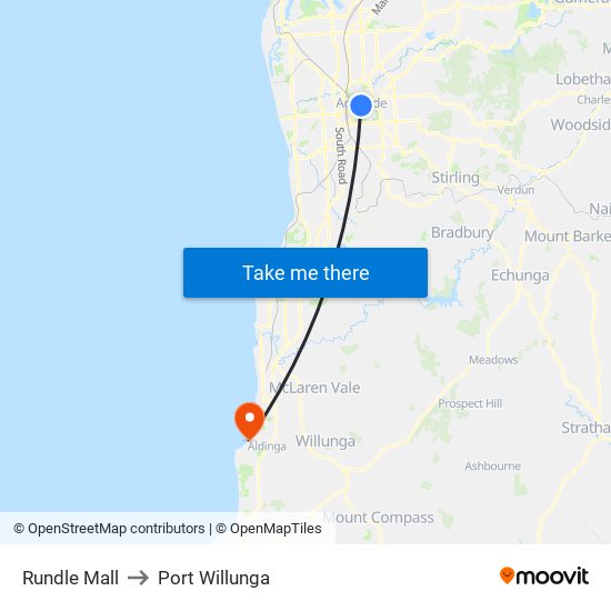 Rundle Mall to Port Willunga map