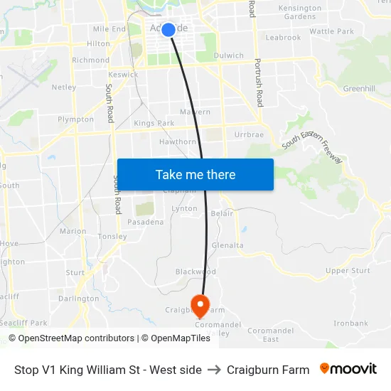 Stop V1 King William St - West side to Craigburn Farm map