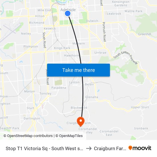 Stop T1 Victoria Sq - South West side to Craigburn Farm map