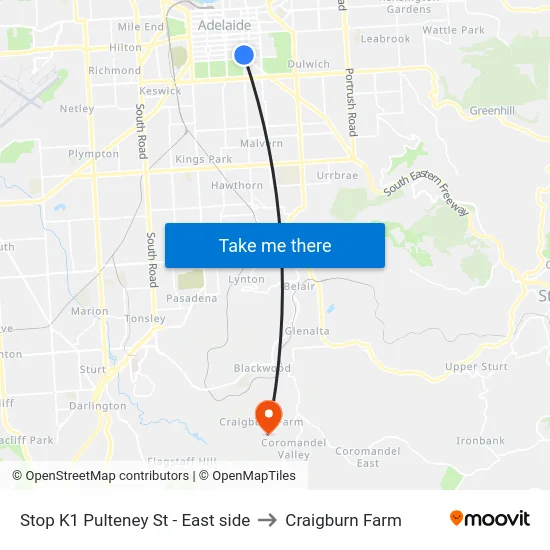 Stop K1 Pulteney St - East side to Craigburn Farm map