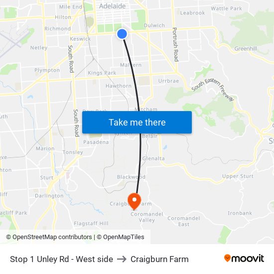 Stop 1 Unley Rd - West side to Craigburn Farm map