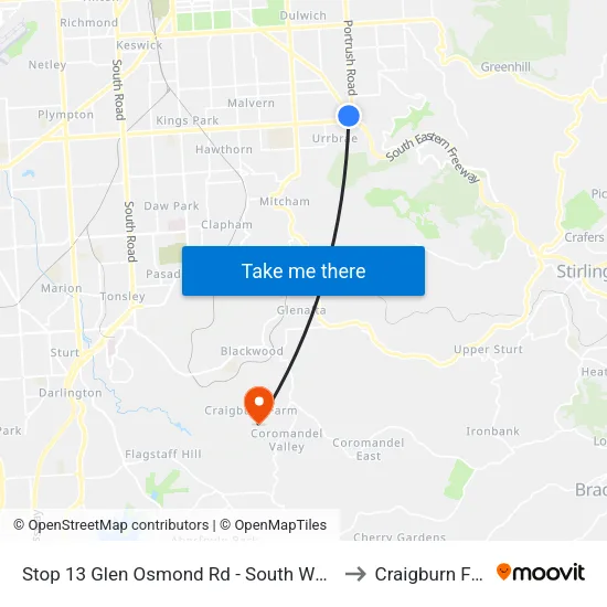 Stop 13 Glen Osmond Rd - South West side to Craigburn Farm map