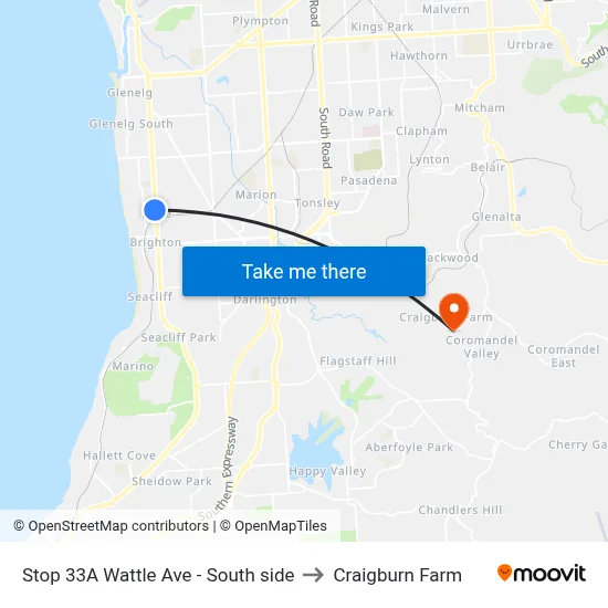 Stop 33A Wattle Ave - South side to Craigburn Farm map