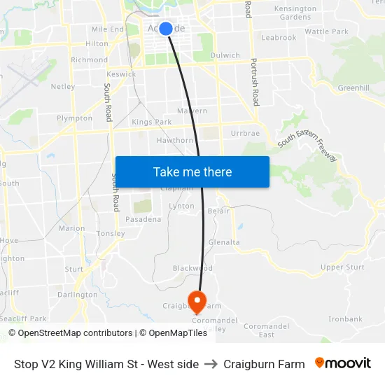 Stop V2 King William St - West side to Craigburn Farm map