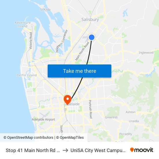 Stop 41 Main North Rd - East side to UniSA City West Campus ~ RR 5-09 map