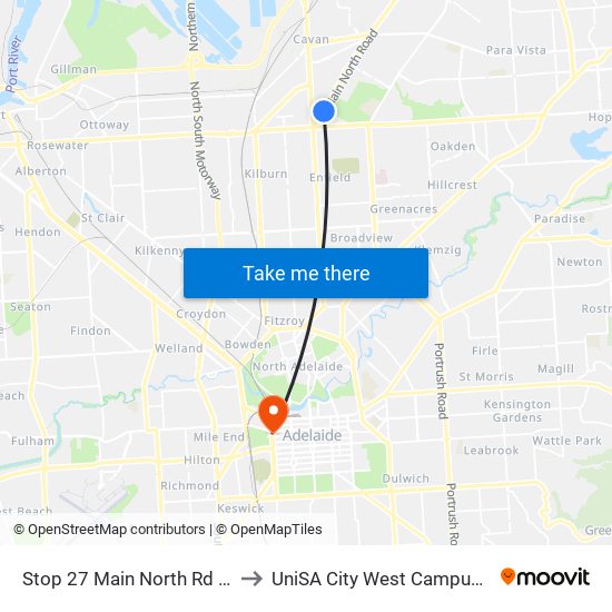 Stop 27 Main North Rd - East side to UniSA City West Campus ~ RR 5-09 map