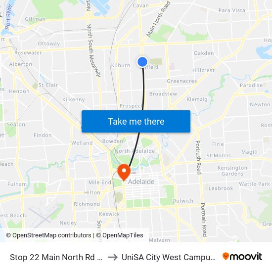 Stop 22 Main North Rd - West side to UniSA City West Campus ~ RR 5-09 map