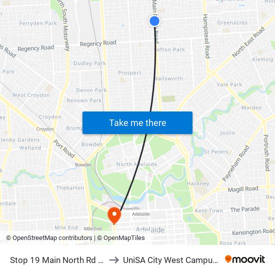Stop 19 Main North Rd - West side to UniSA City West Campus ~ RR 5-09 map