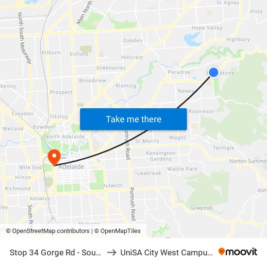 Stop 34 Gorge Rd - South East side to UniSA City West Campus ~ RR 5-09 map