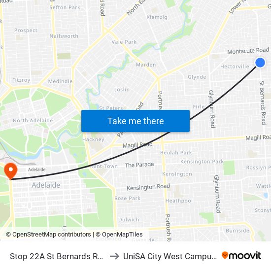 Stop 22A St Bernards Rd - East side to UniSA City West Campus ~ RR 5-09 map