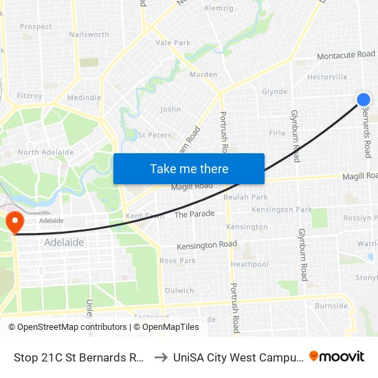 Stop 21C St Bernards Rd - West side to UniSA City West Campus ~ RR 5-09 map