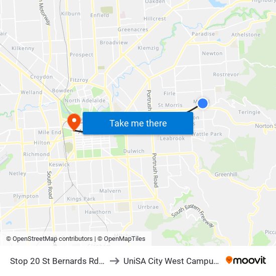 Stop 20 St Bernards Rd - East side to UniSA City West Campus ~ RR 5-09 map