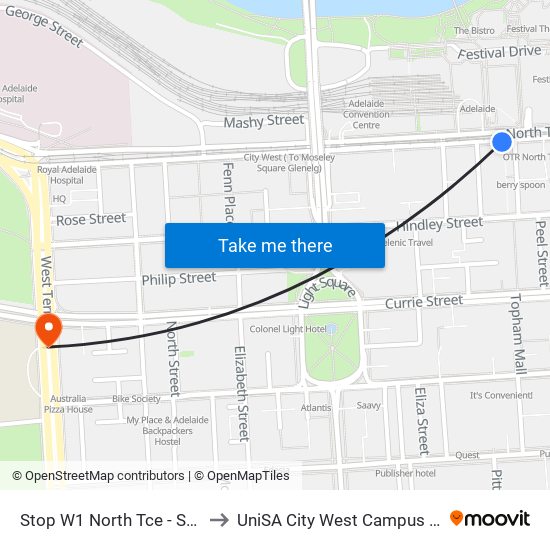 Stop W1 North Tce - South side to UniSA City West Campus ~ RR 5-09 map